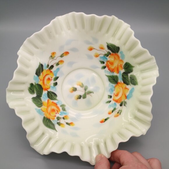 Vintage Ruffled Edge Bridal Bowl with Yellow Rose Floral Pattern Milk Glass Dish - Picture 4 of 6